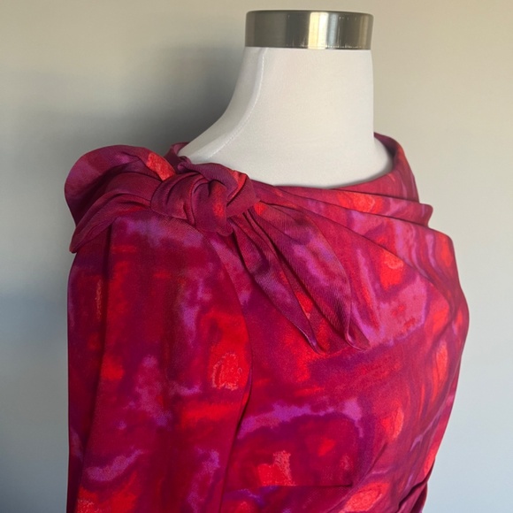 Kay Unger Pink Ruched Bow Neck Cocktail Pencil Abstract Print Sheath Dress - Picture 5 of 12